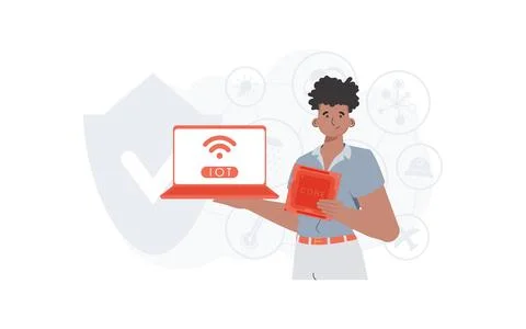 A man holds a laptop and a processor chip in his hands. Internet of things an 스톡 일러스트