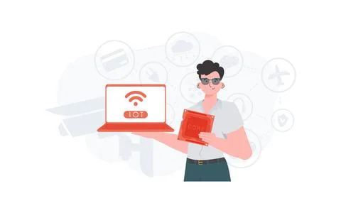 A man holds a laptop and a processor chip in his hands. IOT and automation co Illustrazione stock