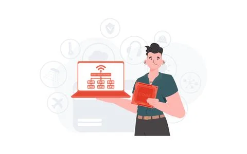 A man holds a laptop and a processor chip in his hands. IOT and automation co Stockillustratie