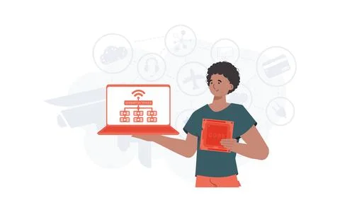 A man holds a laptop and a processor chip in his hands. IOT and automation co Illustrazione stock
