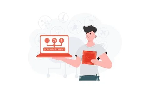 A man holds a laptop and a processor chip in his hands. IOT and automation co Stock Illustration