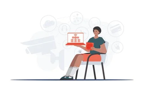 A man holds a laptop and a processor chip in his hands. Internet of things co Stock Illustration