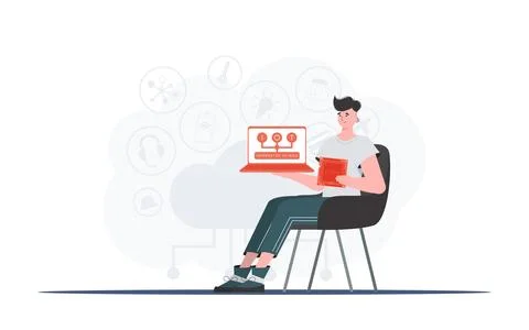 A man holds a laptop and a processor chip in his hands. Internet of things co Stock Illustration