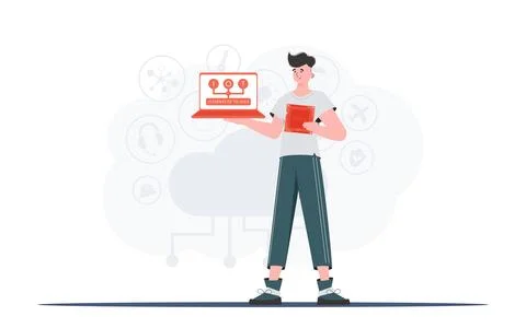 A man holds a laptop and a processor chip in his hands. Internet of things co Illustrazione stock