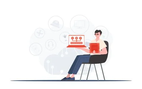 A man holds a laptop and a processor chip in his hands. Internet of things co 库存插图