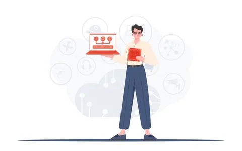 A man holds a laptop and a processor chip in his hands. IoT concept. Vector i イラスト素材