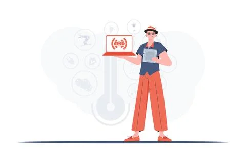A man holds a laptop and a processor chip in his hands. IoT concept. Vector i イラスト素材