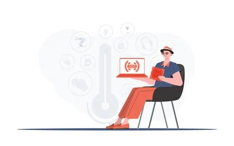 A man holds a laptop and a processor chip in his hands. IoT concept. Trendy f Stock Illustration