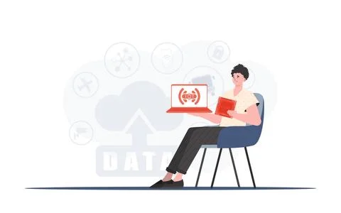 A man holds a laptop and a processor chip in his hands. IoT concept. Vector. Stockillustratie