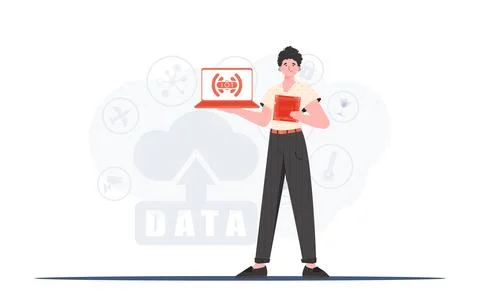 A man holds a laptop and a processor chip in his hands. Internet of things an イラスト素材
