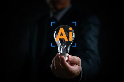 Man holds a light bulb. Artificial intelligence concept, innovation, modern.. Stock Photos