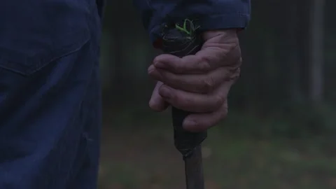 Man Holds a Machete Down by His Side While Standing in the Woods Stock Footage 208764581