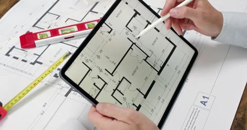 Man holds modern tablet in hands and examines floor plan of house Stock Footage 314732020