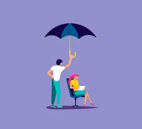 Man holds an opened umbrella over a seated worker with a laptop. Small Busine Stock Illustration