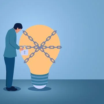 A man holds a padlock chaining an idea lamp, an illustration for a fixed mi.. Illustrazione stock
