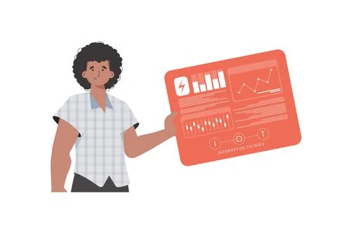 A man holds a panel with analyzers and indicators in his hands. Internet of.. Stock Illustration
