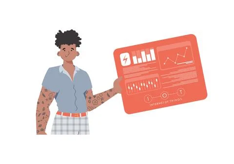 A man holds a panel with analyzers and indicators in his hands. Internet of t Stock Illustration