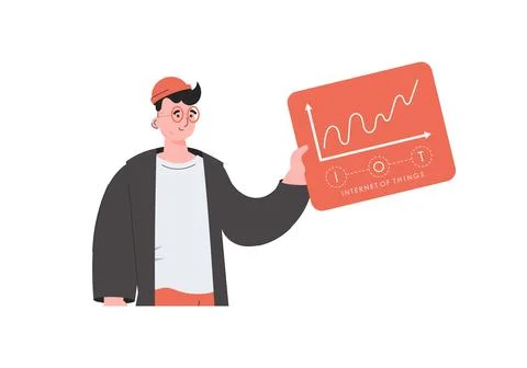 A man holds a panel with analyzers and indicators in his hands. IoT concept.. Stock Illustration