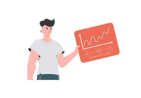 A man holds a panel with analyzers and indicators in his hands. Internet of.. Stock Illustration
