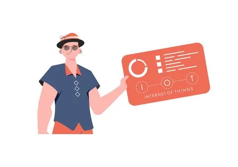 A man holds a panel with analyzers and indicators in his hands. Internet of t Stock Illustration
