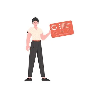 A man holds a panel with analyzers and indicators in his hands. Internet of.. Stock Illustration