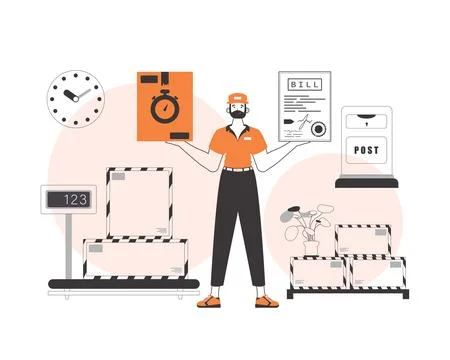 A man holds a parcel and a check in his hands. Delivery concept. Linear style イラスト素材