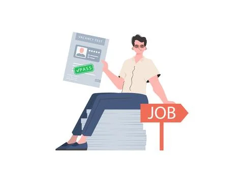 A man holds a passed test for a vacancy in his hands. Job search concept. V.. Illustrazione stock