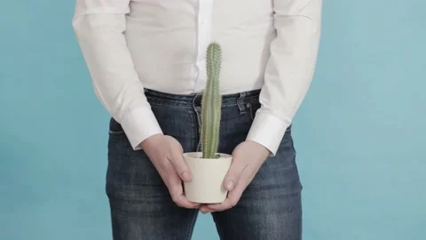 A man holds a pot with a large cactus against the background of his groin. The Stock Footage 218345907