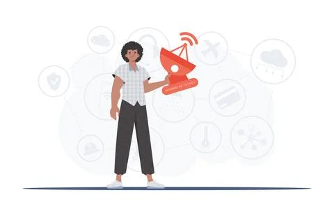 A man holds a satellite dish in his hands. Internet of things concept. Good f Stock Illustration