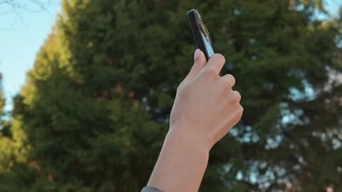 A man holds a smartphone high above his head against a background of green trees 库存影片 337642901