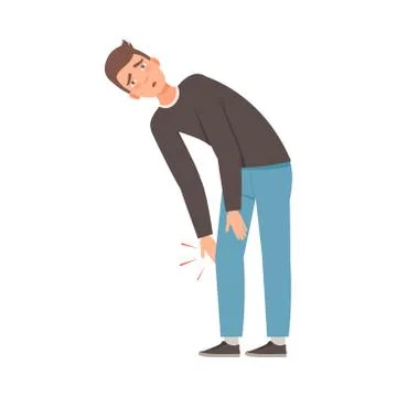 Man holds on to a sore knee. Vector illustration. Stock Illustration