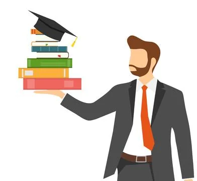 A man holds a stack of books in his palm. The concept of getting a good イラスト素材