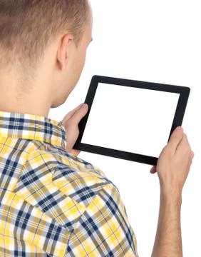 Man holds tablet computer Stock Photos
