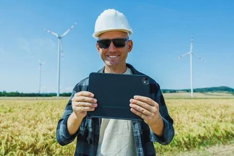 Man holds tablet in field with wind turbines during sunny day in rural area Stock Photos