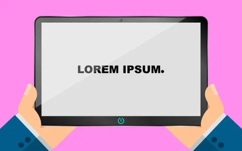 A man holds a tablet in his hands and looks at the boring, smooth screen. N.. Stock Illustration