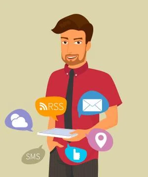 Man holds a tablet pc in his hand with internet symbols Stock-Illustration