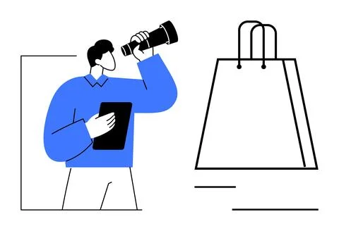 Man holds tablet while looking through a telescope near a large shopping bag. Stock Illustration