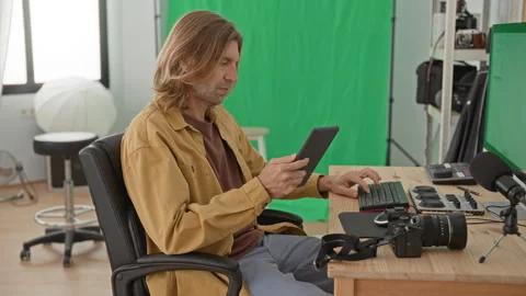 Man holds tablet while typing on keyboard at desk with dslr camera, microph.. Stock Footage 337375893