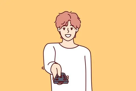 Man holds television remote control switches cable TV channels and smile Illustrazione stock