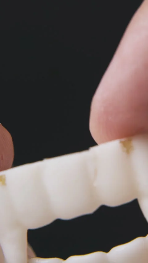 Man holds toy vampire teeth on black background macro Stock Footage 317386405