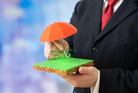 A man holds an umbrella over a plot of land. Insurance and protection of la.. Stock Photos