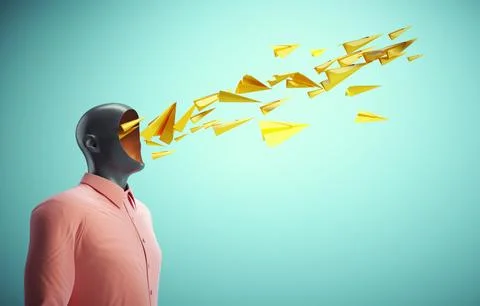 Man with a hole instead of face  and flying paper planes . Illustrazione stock