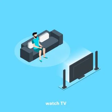 Man in home clothes with remote control sitting on the couch and watching TV, Stock Illustration