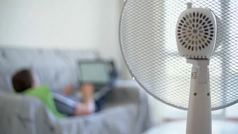 A man, at home, is lying on a sofa with a computer. The electric fan is on Stock Footage 133799887