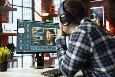 Man in home office uses generative artificial intelligence GPT Foto stock