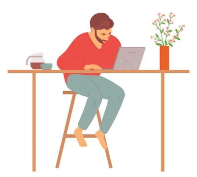 Man at Home Sitting by Computer, Freelancer Vector Stock Illustration