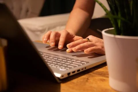 A man at home works at a computer, work from home, home environment with a Stock Photos