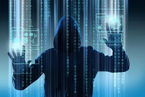 Man in hood and digital binary code on dark background. Cyber attack concept 库存照片