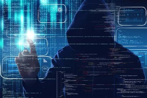 Man in hood and digital binary code on dark background. Cyber attack concept 库存照片