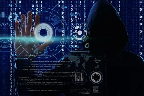 Man in hood and digital binary code on dark background. Cyber attack concept Foto stock